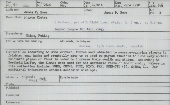 Documentation associated with Hearst Museum object titled Pigeon flute, accession number 9-9682, described as pigeon flute; 3 bamboo pipes w/light brown stain; ht 5 cm, w. 5.5 cmbamboo tongue for tail ring.