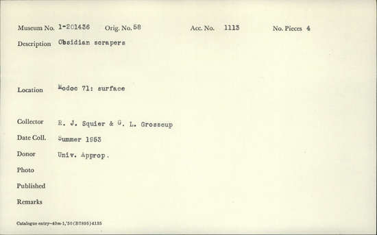 Documentation associated with Hearst Museum object titled Scrapers, accession number 1-201436, described as obsidian scrapers
