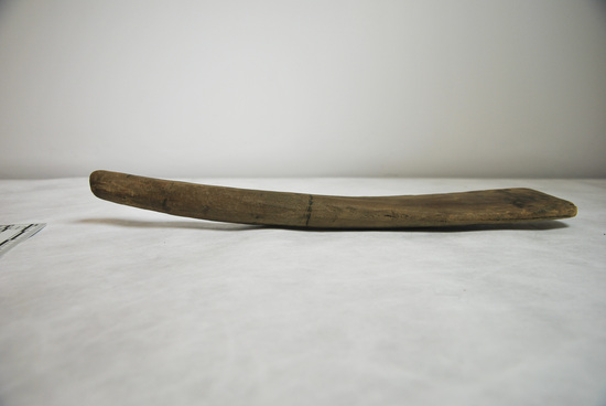 Hearst Museum object 9 of 12 titled Paddle, accession number 1-9569, described as Handcarved of wood.  Flat distal end curving to round proximal end.