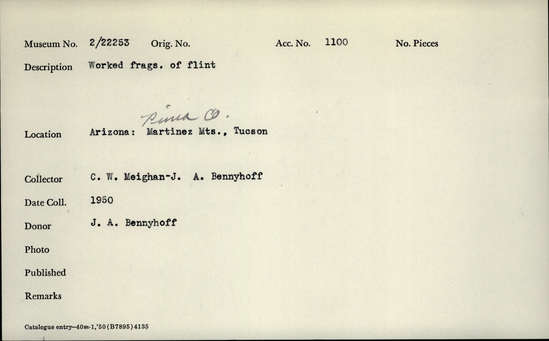 Documentation associated with Hearst Museum object titled Worked stone fragments, accession number 2-22253, described as Worked fragments of flint