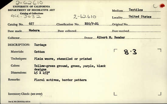 Documentation associated with Hearst Museum object titled Cover, accession number 2-62610, described as Yardage; cotton, plain weave, stenciled or printed, yellow-green ground, green, purple, black designs, floral motives, border patterns