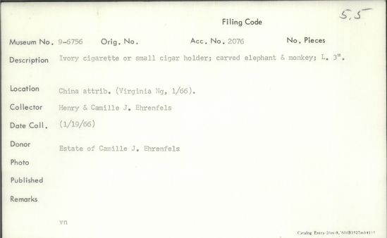 Documentation associated with Hearst Museum object titled Cigarette holder, accession number 9-6756, described as Ivory cigarette or small cigar holder; carved elephant and monkey; length 3 inches.