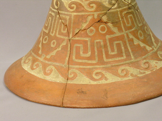 Hearst Museum object 2 of 7 titled Bowl, accession number 4-3275, described as Large jar, part red, white neck, white heron-like birds in relief, and white lattice design