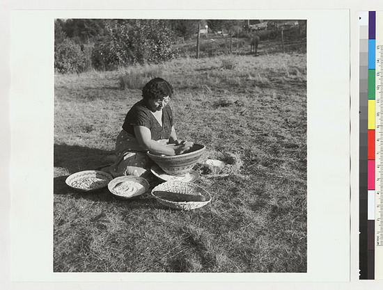 Hearst Museum object titled Black-and-white negative, accession number 15-19544, described as Essie Parrish preparing acorn meal