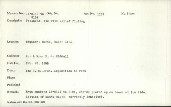 Documentation associated with Hearst Museum object titled Potsherd, accession number 16-8114, described as Potsherd: rim with relief flutting