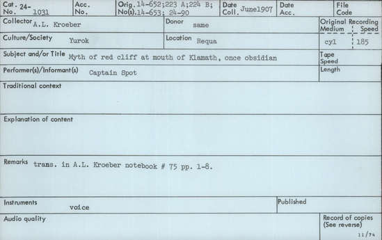 Documentation associated with Hearst Museum object titled Audio recording, accession number 24-1031, described as Myth of red cliff at mouth of Klamath once obsidian.