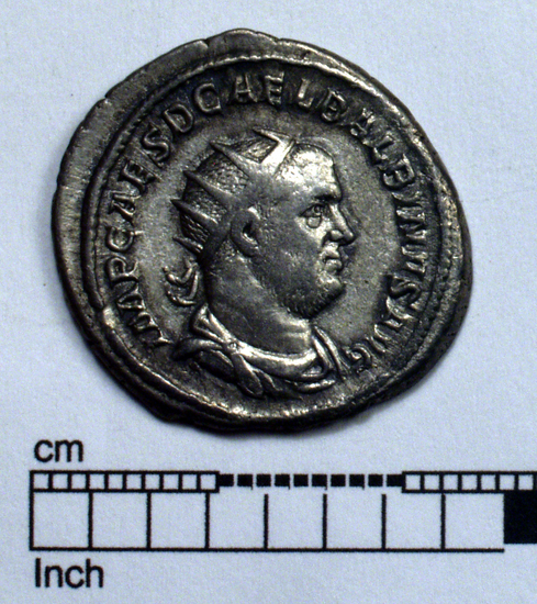 Hearst Museum object 1 of 6 titled Coins: ar denarius and quinarius, accession number 8-4363, described as Coin; AR; Denarius; Roman. 4.83 grams, 24 mm. Balbinus, AD 238, Rome, Italy. Obverse: IMP CAES D CAEL BALBINVS AVG, bust r. radiate. Reverse: CONCORDIA AVGG, clasped hands.