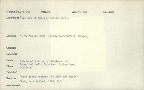 Documentation associated with Hearst Museum object titled Net, accession number 1-67293, described as Made of two-ply native string.