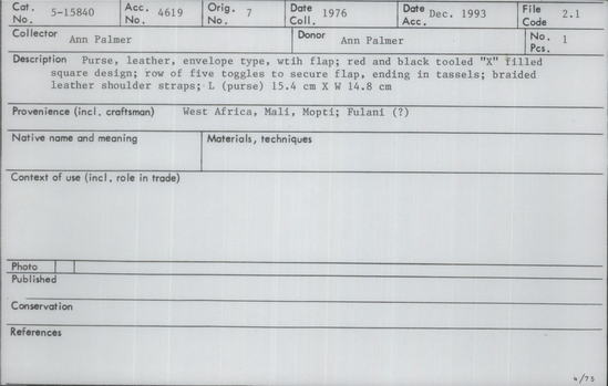 Documentation associated with Hearst Museum object titled Leather bag, accession number 5-15840, described as Purse, leather, envelope type, with flap; red and black tooled "X" filled square design; row of five toggles to secure flap, ending in tassels; braided leather shoulder straps; length (purse) 15.4 centimeters X width 14.8 centimeters.