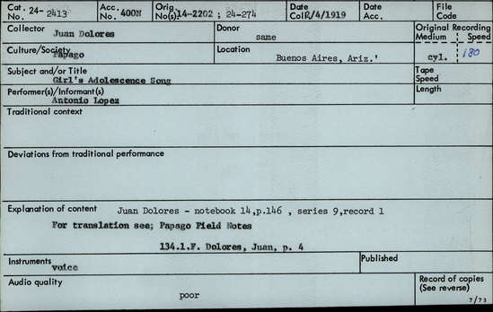 Documentation associated with Hearst Museum object titled Audio recording, accession number 24-2413, described as Girl's Adolescence Song Notebook 14, p.146 Series 9, Record 2