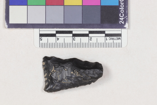 Hearst Museum object 2 of 2 titled Projectile point fragment, accession number 16-14271, described as Projectile point; obsidian; triangular; weight: 6.58 grams; length: 3.75 cm; width: 2.25 cm; depth: 0.9 cm; straight sides; straight; thinned base.