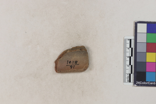 Hearst Museum object 108 of 160 titled Potsherd, accession number 16-8191, described as Potsherd: rims Section of Manta on beach currently inhabited. Numbers  8111 to 8194 are sherds picked up on beach at low tide.