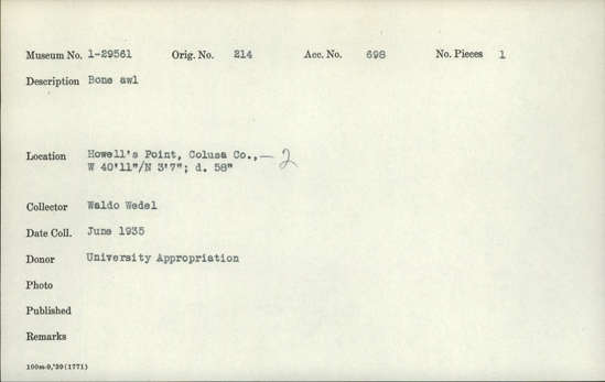 Documentation associated with Hearst Museum object titled Awl, accession number 1-29561, described as Bone.