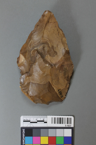 Hearst Museum object 3 of 4 titled Handaxe, accession number 5-1637, described as Hand-axe, brown flint