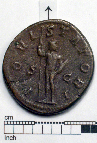 Hearst Museum object 2 of 8 titled Coin: æ sestertius, accession number 8-5924, described as Coin: Sestertius; Æ; Gordianus.Pius - 21.13 grams. Rome, 240-244 AD. Obverse: IMP GORDIANVS PIVS FEL AVG - bust facing right, laureate, draped, cuirassed. Reverse: IOVI STATORI, SC - Jupiter standing facing left, holds long scepter and thunderbolt.