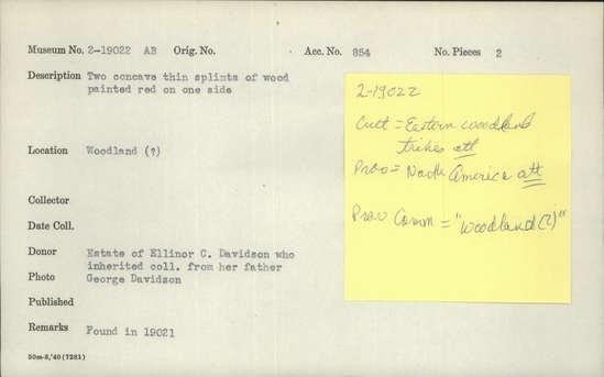 Documentation associated with Hearst Museum object titled Splints, accession number 2-19022a,b, described as Concave, thin splints, made of wood. Painted red on one side.