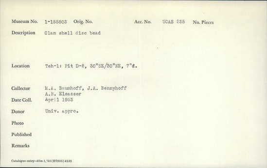 Documentation associated with Hearst Museum object titled Bead, accession number 1-155503, described as Clam shell disc.