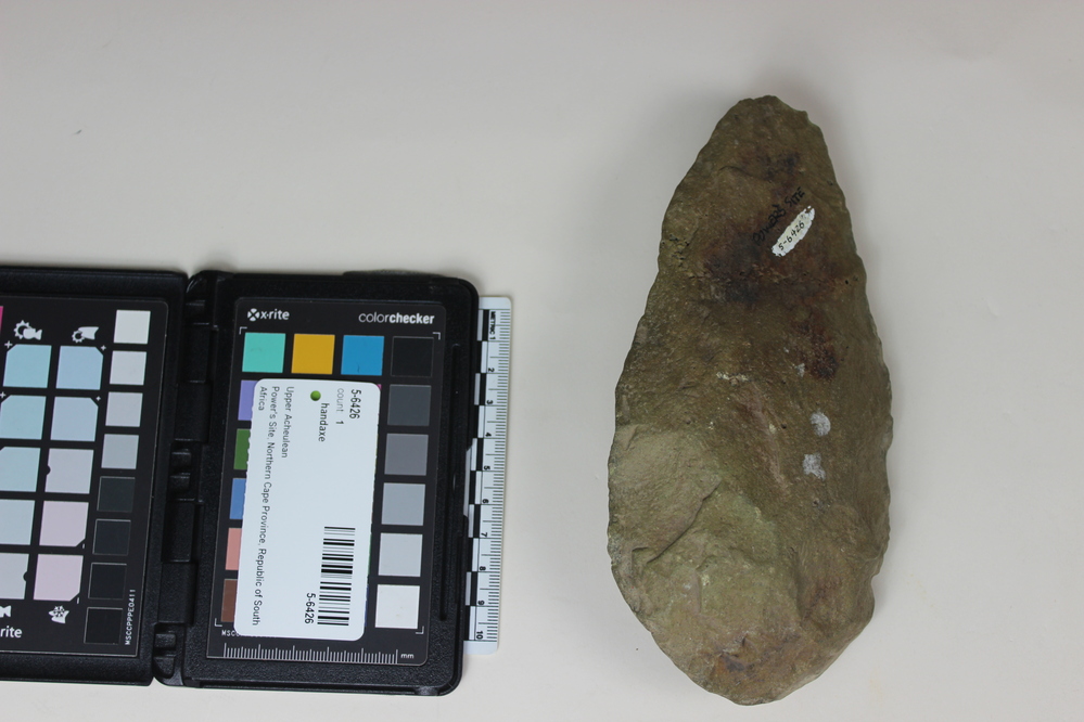 Hearst Museum object 1 of 2 titled Handaxe, accession number 5-6426, described as Diabase hand-axe; Upper Acheulian