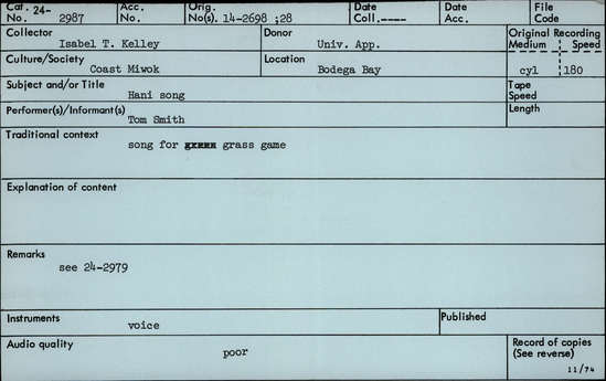 Documentation associated with Hearst Museum object titled Audio recording, accession number 24-2987, described as Hani Song (song for the Grass Game)