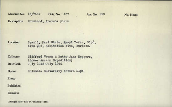 Documentation associated with Hearst Museum object titled Potsherds, accession number 16-7457, described as Potsherds, Anatuba plain