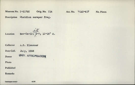 Documentation associated with Hearst Museum object titled Scraper fragment, accession number 2-31792, described as Obsidian.