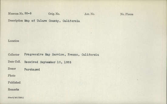 Documentation associated with Hearst Museum object titled Map, accession number 20-8, described as Map of Tulare County California