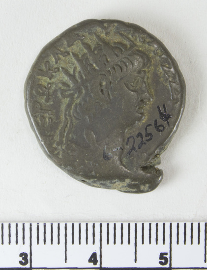 Hearst Museum object 6 of 6 titled Coin: billon tetradrachm, accession number 6-22564, described as Head of Nero, r. radiate