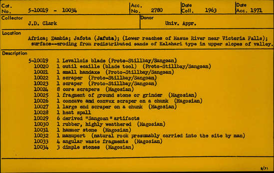 Documentation associated with Hearst Museum object titled Handaxe, accession number 5-10021, described as Handaxe