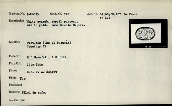 Documentation associated with Hearst Museum object titled Scarab, accession number 6-20893, described as white scarab, scroll pattern, set in gold. Late Middle Empire