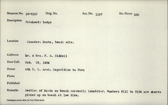 Documentation associated with Hearst Museum object titled Potsherd, accession number 16-8192, described as Potsherd: bodys Section of Manta on beach currently inhabited. Numbers  8111 to 8194 are sherds picked up on beach at low tide.