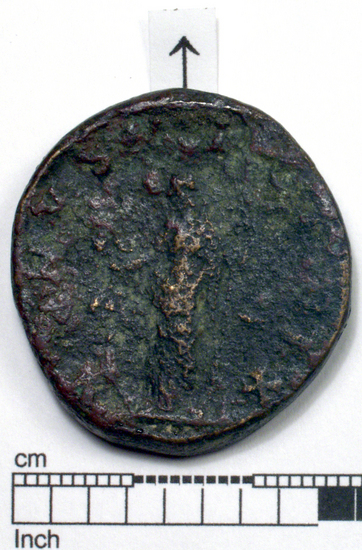 Hearst Museum object 4 of 8 titled Coin: æ sestertius, accession number 8-5902, described as Coin: Sestertius; Æ, Julia. Mamaea [approximately symbol] 23.51 grams. Rome, 222-235 AD. Obverse: [IVLIA] MAMAEA AVGVSTA - bust diademed, draped, facing right. Reverse: [VEN] VS [GENET] RIX, SC  - Venus (Greek: Aphrodite) standing facing left, holding apple in outstretched right hand and scepter in left; child standing facing left.