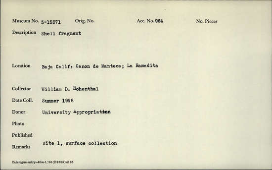 Documentation associated with Hearst Museum object titled Shell fragment, accession number 3-15371, described as Shell fragment