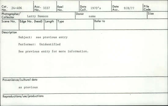 Documentation associated with Hearst Museum object titled Audio recording, accession number 24-406, described as Indian music from Tenehapa village. This tape was one of three cassette originals purchased by L. Dawson while traveling in Mexico. It contains various musical types but no documentation.