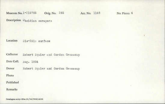 Documentation associated with Hearst Museum object titled Scrapers, accession number 1-215765, described as Obsidian scrapers