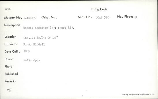 Documentation associated with Hearst Museum object titled Lithic, accession number 1-148579, described as Worked obsidian (7); chert (2).