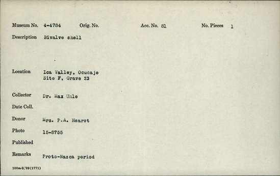 Documentation associated with Hearst Museum object titled Bivalve shell, accession number 4-4784, described as Bivalve shell