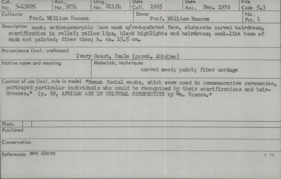 Documentation associated with Hearst Museum object titled Mask, accession number 5-13205, described as Mask; anthropomorphic face mask with red-painted face, elaborate carved hardress, scarification in relief; yellow lips, black highlights and hair dress; cowl-like base of mask not painted; fiber ties. (Purchased Abidjan 1965:48, $28.)
