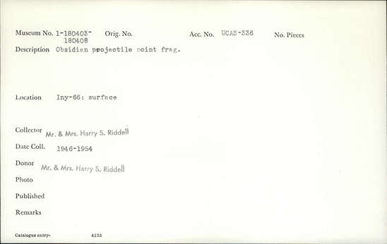 Documentation associated with Hearst Museum object titled Point, accession number 1-180404, described as Obsidian, projectile, fragment