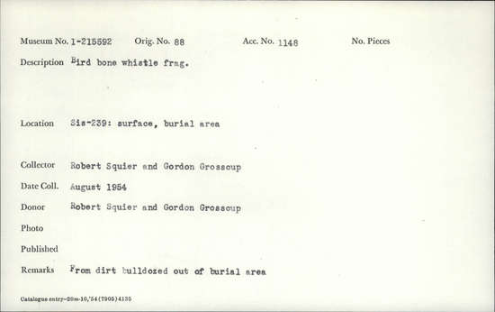 Documentation associated with Hearst Museum object titled Whistle fragment, accession number 1-215592, described as Bird bone.