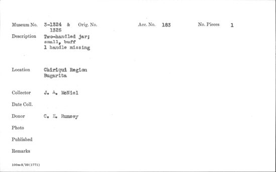 Documentation associated with Hearst Museum object titled Jar, accession number 3-1324, described as Two-handled jar; small, buff, one handle missing