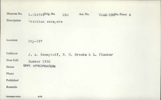Documentation associated with Hearst Museum object titled Scrapers, accession number 1-134795, described as Obsidian scrapers.