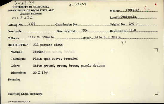 Documentation associated with Hearst Museum object titled All purpose cloth, accession number 3-28134, described as All purpose cloth.  Cotton. Plain open weave, brocaded.  White ground with green, brown, and purple designs. 20 inches x 17.5 inches