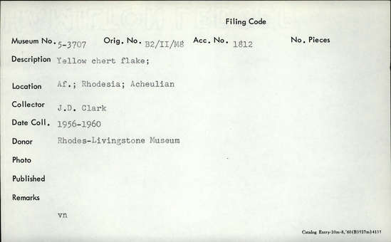 Documentation associated with Hearst Museum object titled Flake, accession number 5-3707, described as Yellow chert flake;