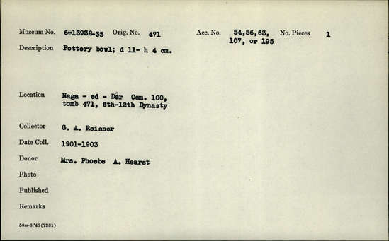 Documentation associated with Hearst Museum object titled Bowl, accession number 6-13933, described as pottery bowl; diameter 11- height 4 cm