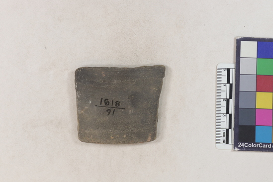 Hearst Museum object 9 of 160 titled Potsherd, accession number 16-8191, described as Potsherd: rims Section of Manta on beach currently inhabited. Numbers  8111 to 8194 are sherds picked up on beach at low tide.