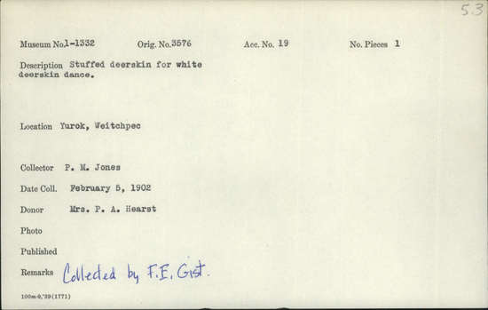 Documentation associated with Hearst Museum object titled Deerskin, accession number 1-1332, described as Dressed and stuffed.