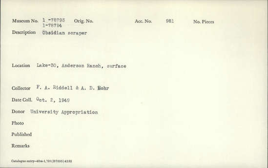Documentation associated with Hearst Museum object titled Scraper, accession number 1-78793, described as Obsidian.