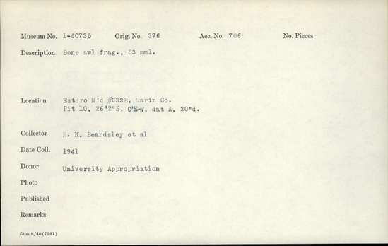 Documentation associated with Hearst Museum object titled Awl fragment, accession number 1-60735, described as Bone.