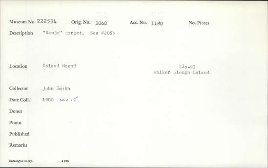 Documentation associated with Hearst Museum object titled Gorget, accession number 1-222534, described as banjo.