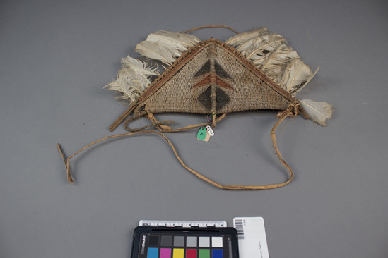 Hearst Museum object titled Headdress, accession number 11-836, described as Triangular basketry head-dress, feathered.